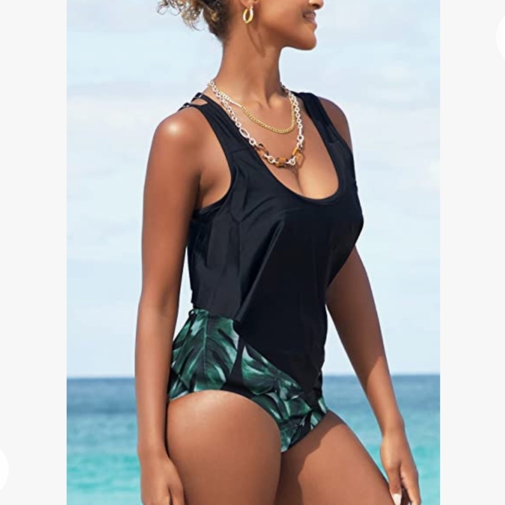 High Waisted Swimsuit: Two Piece Ruffled Flounce Top with Ruched Bottom